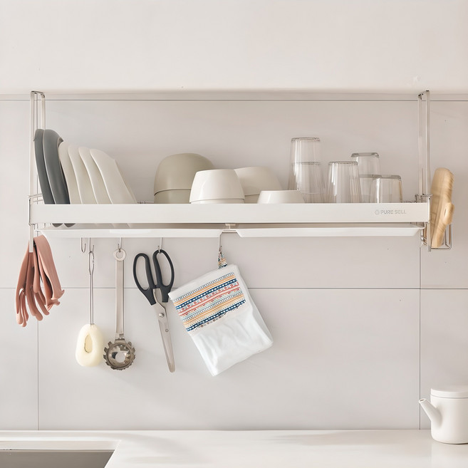 퓨어셀 프라임 상부장 부착식 식기건조대 800 + 2구 수저통 세트, 3단, 화이트, 1개