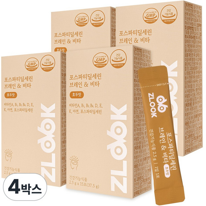 지룩 포스파티딜세린 브레인&비타 호두맛 분말 콜마비앤에이치 식약처 인증 두뇌 인지력 PS 300mg (더스트백 종이가방 포함), 4박스, 37.5g