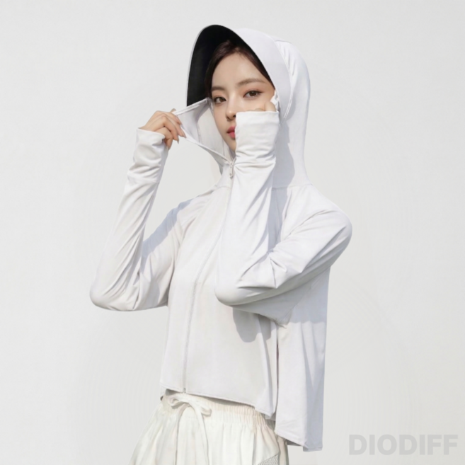 디오디프 자외선 차단 쿨링 후드집업 바람막이, 화이트