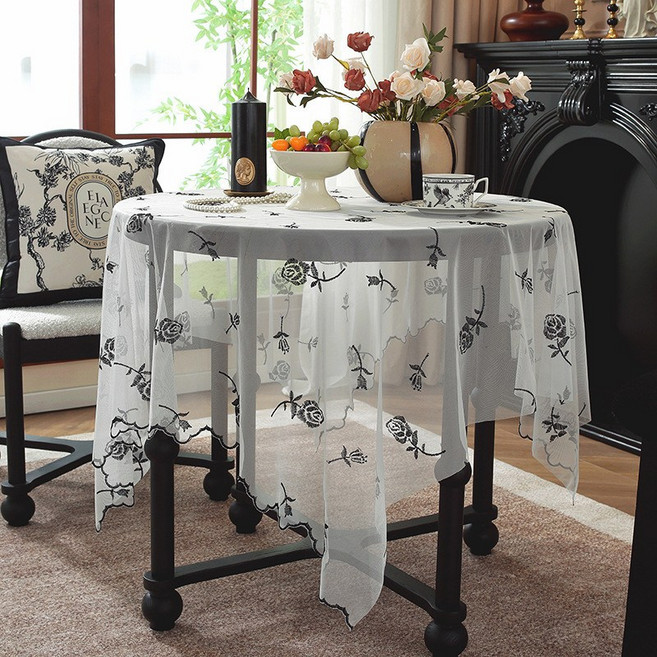 田園蕾絲桌布 復古風圓形/方形茶几蓋巾 法式居家裝飾, 玫瑰-黑色,90*140cm, 1個