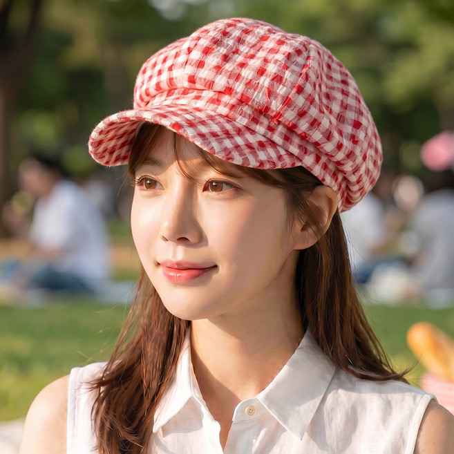 여름 여성 깅엄 체크 팔각모 남자 헌팅캡 베레모 중년 빵 모자 통기성 국산 메쉬
