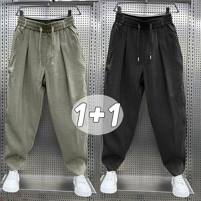 1+1 남자 얇은 봄여름 트레이닝 조거바지 셔링 캐주얼 편안한 밴딩 카고팬츠