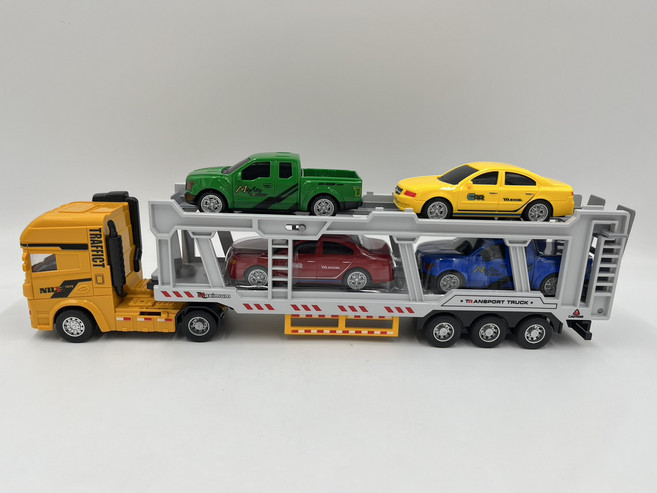 交通運輸卡車玩具套裝 雙層汽車運輸車 附四台小汽車, 黃色, 1個