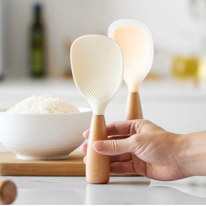 무핑 밥풀이 묻지 않는 스탠딩 주걱 우드손잡이 실리콘 밥주걱, 1개, 화이트