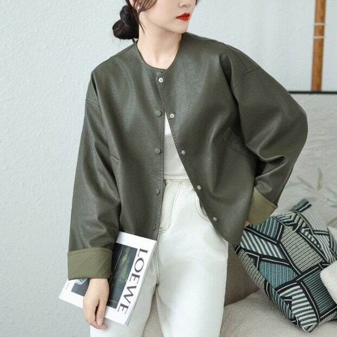 퀸앤조이 여성 봄가을 루즈핏 레더 러스크 베이직 에코 가죽 자켓 빅사이즈 데일리 캐주얼