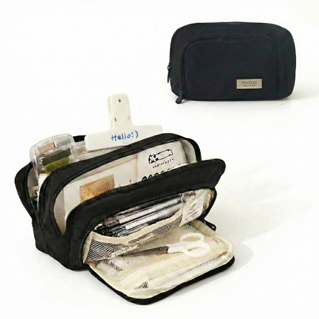 뭉클톡톡 패브릭 심플 대용량 3단 필통, 1개, 블랙