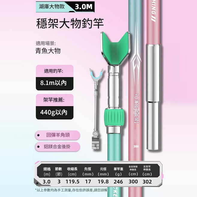 碳素支架伸縮魚竿架 1.7米 湖庫野釣版, 3.0米 湖庫大物版 鋁鎂羊角頭『推薦8.1m內魚竿』