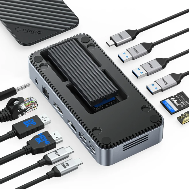 오리코 12 in 1 M.2 SSD 하드디스크 케이스 USB 3.2 Type-c PD100W HDMI DP 8K30Hz 이더넷 인터페이스 M2P11, 1개 - 쿠팡
