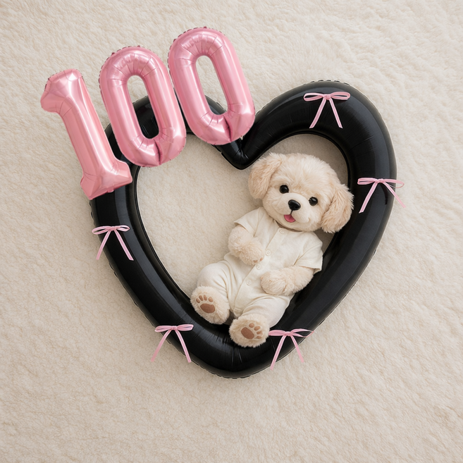 해피제이니 50일 100일 대형 하트풍선 완성리본 세트, 1세트, 블랙하트 숫자 100