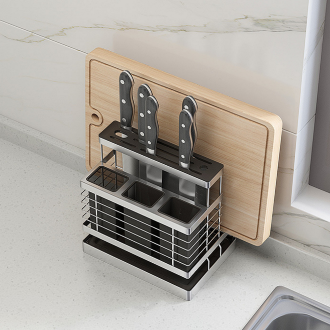 꿀물리빙 304스텐 칼도마꽂이 수저꽂이 칼꽂이 도마거치대, 1개, 실버