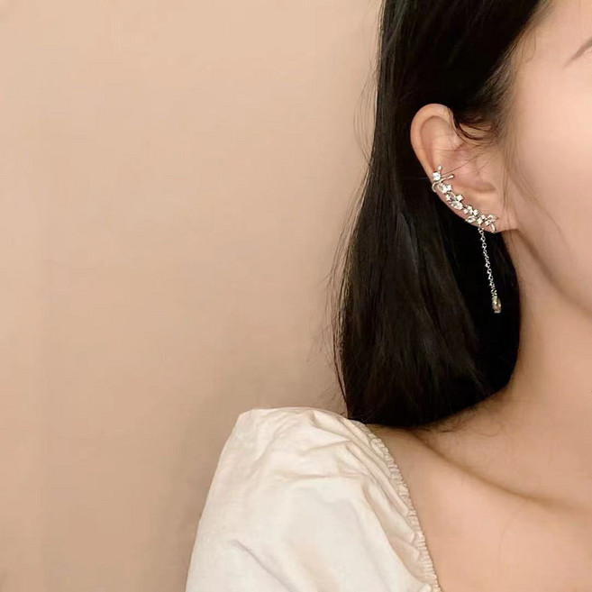 法式珍珠鋯石多層流蘇長款無耳洞夾式耳環耳夾耳骨夾氣質女高級感