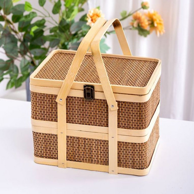 피크닉바구니 대나무 라탄 빵 바스켓 소풍 캠핑 사각 손잡이 수납 감성 가방 2단, L(35x25x21.5cm), 1개