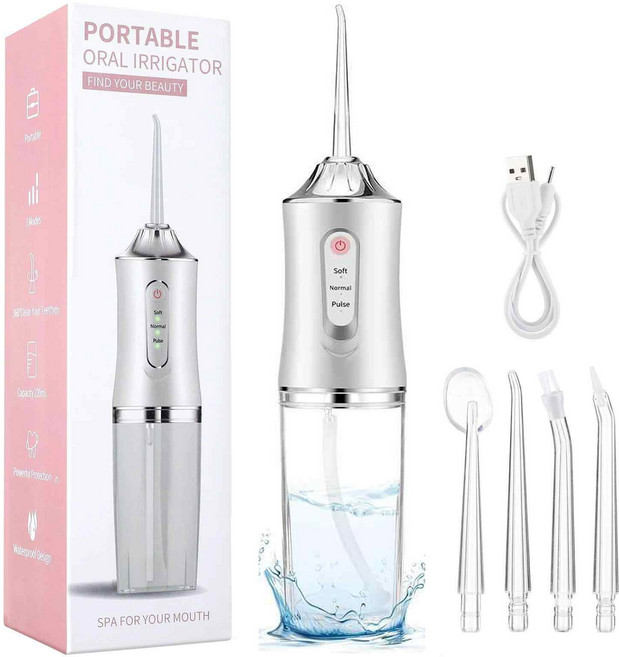 DS 펄스형 구강세정기 휴대용 IPX7급 방수 강도조절 4가지팁 대용량 구강세정기, 화이트