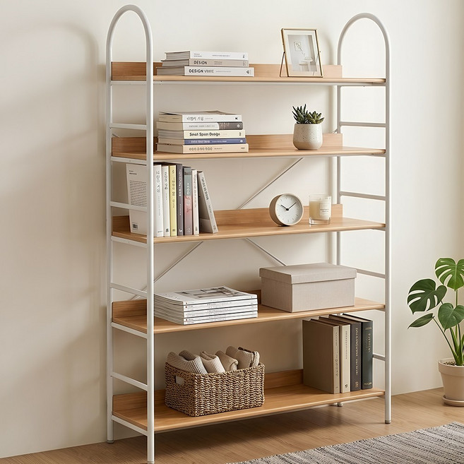 소프트엣지 조립식 거실 철제 책장선반, 5단, 우드 화이트