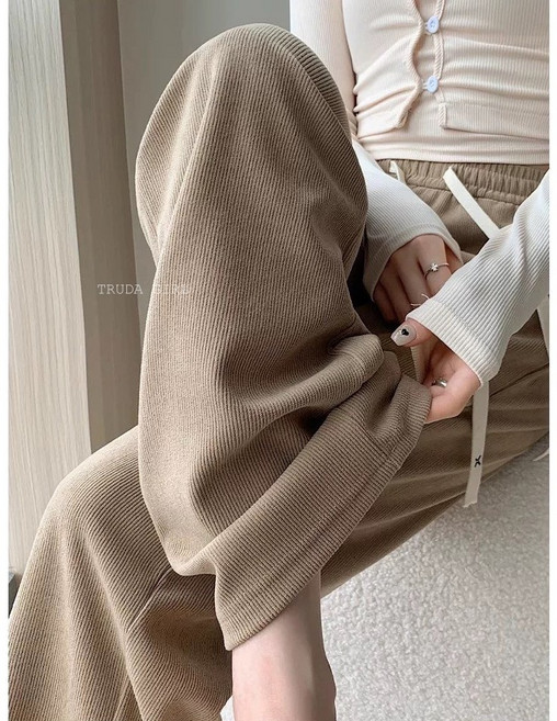 杜達女孩 加厚歐棉絨燈芯絨寬褲 內刷毛坑條 保暖寬鬆