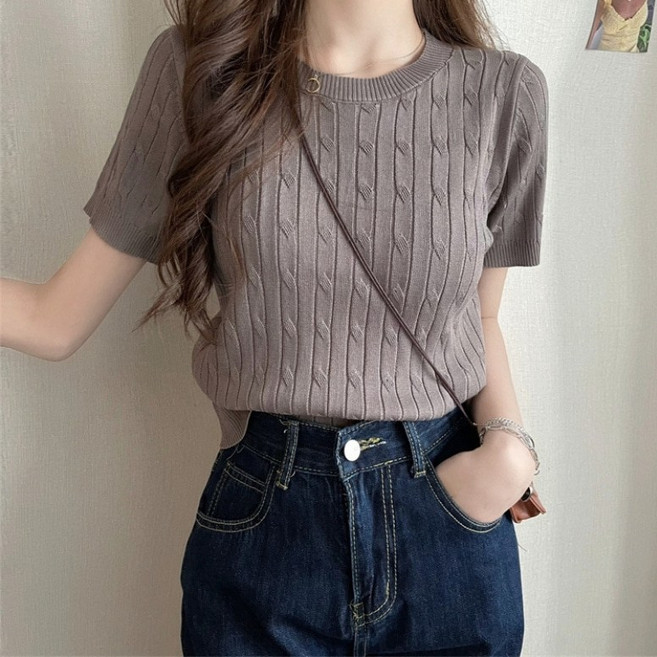 아이엠몽 여성 슬림핏 라운드넥 꽈배기 반팔 니트 티셔츠