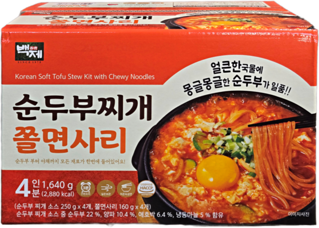 백제 순두부 찌개 쫄면, 4개, 410g