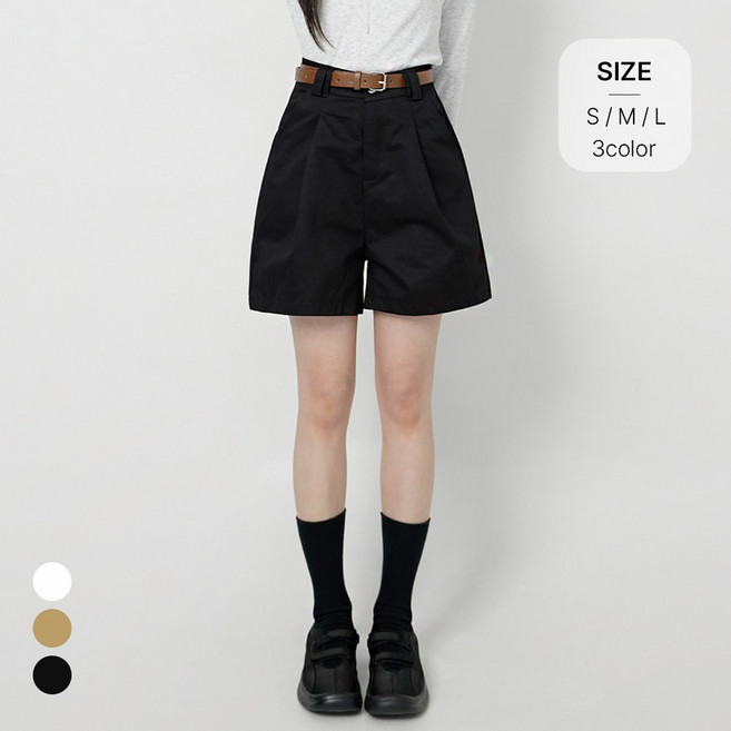 니어샵 여성 벨트 세트 베이직 핀턱 버뮤다 팬츠 4부 반바지