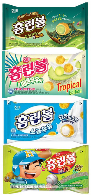 홈런볼 피스타치오 카라멜39g+멜론우유 43g+홈런볼 소금우유 41g+홈런볼 초코 41g, 164g