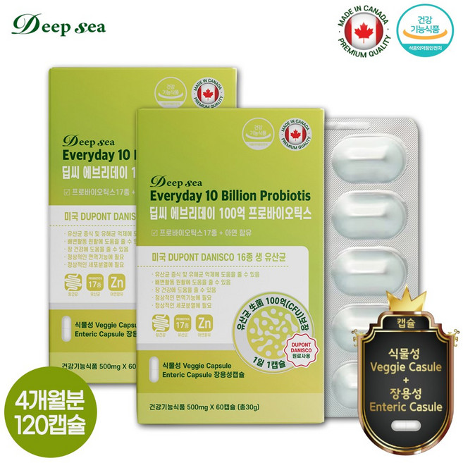 딥씨 에브리데이 100억 프로바이오틱스 4개월분 17종유산균+아연함유, 2박스, 60정