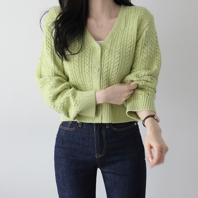 제니트 여성 루즈핏 브이넥 세미크롭 캐주얼 케이블 짜임 데일리 니트 가디건 모린꽈CD