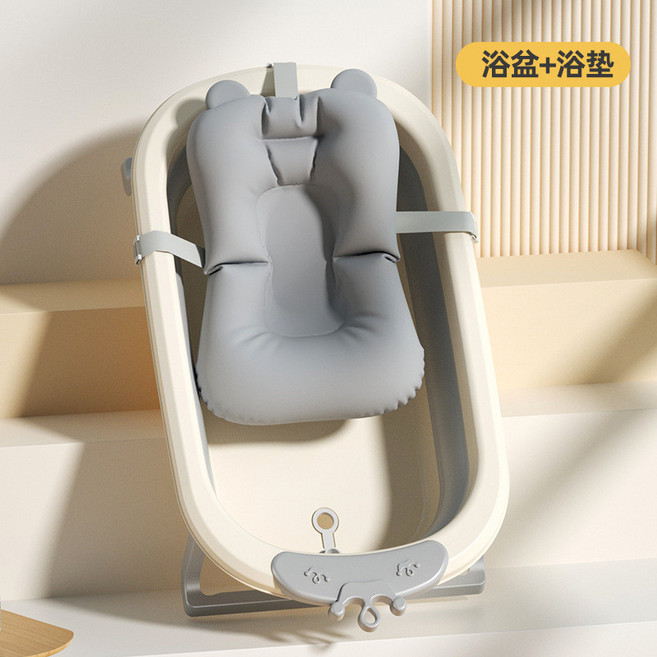 兒童洗澡桶 加長 嬰兒浴盆 新生用品, w皇冠芋紫灰+灰色浴墊