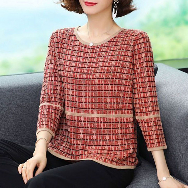 중년 여성 긴팔 니트 스웨터 봄 가을 라운드 긴팔티 루즈핏 7부 소매 상의 RSH