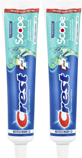 특별한효과 Crest Plus Scope 충치 예방 불소 치약 민티 프레시 스트라이프 2팩 각 153g(5.4oz) 곧일시품절됩니다, CrestPlusScope충치예방불소치약민티프레시스트라