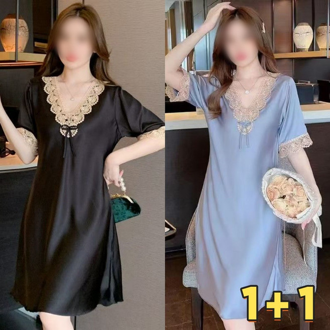 1+1 1+1 여름 반팔 잠옷 실크 섹시 레이스 원피스 빅사이즈 얇은 여름 루즈핏 홈웨어 2P