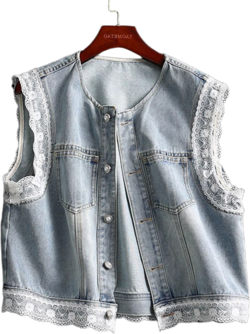 여성용 데님 조끼 라운드 레이스 패치 민소매 조끼