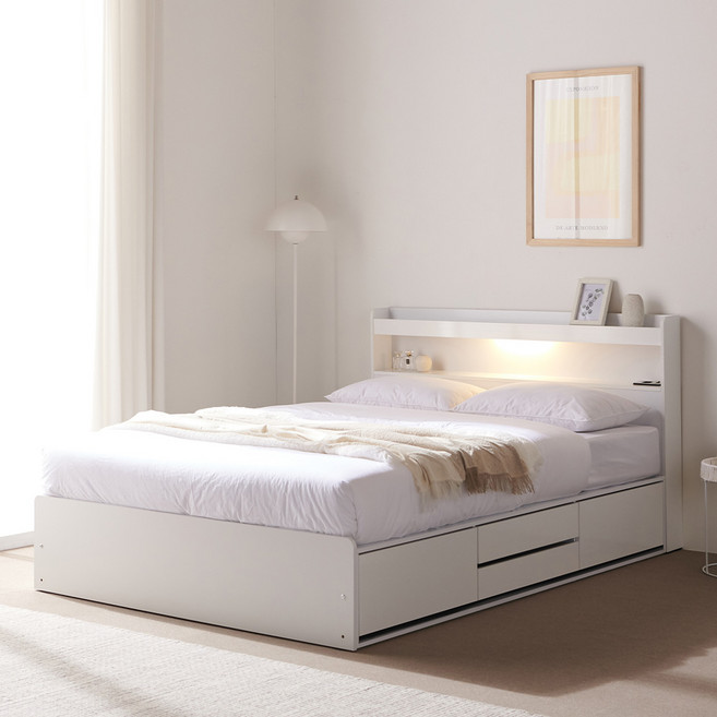 바로방가구 샤인 LED 4단 서랍 수납 침대 프레임 슈퍼싱글 퀸 SS Q, 화이트, 슈퍼싱글(SS)/4단서랍형(매트리스제외), 화이트