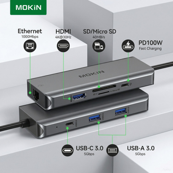 모킨 USB C 허브 PD100W 도킹 스테이션 4K 60Hz 타입 C to HDMI DP 3 USB 3.1 기가비트 이더넷 맥북 프로 에어 M2 M1 허브, [01] 8 in 1(HDMI RJ45