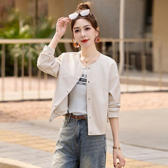 여성 레더 자켓 루즈핏 봄 가을 긴팔 PU 재킷 아우터 캐주얼 여자 솔리드 라운드 레더 코트 LPC