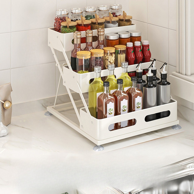 탑이지몰 다용도 접이식 높이조절 3단 양념통 정리대 주방선반, 화이트, 1개