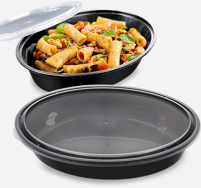 타원형 밀폐용기 파스타 덮밥포장, 750ml, 검정, 50세트, 용기+뚜껑