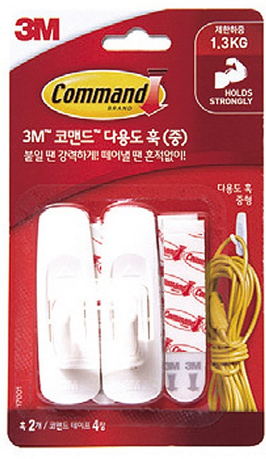 3M 코맨드 양면 테이프 다용도 훅 중 17001 제한 하중 1.3kg 데코 디자이너 탈부착식, 단품, 1개