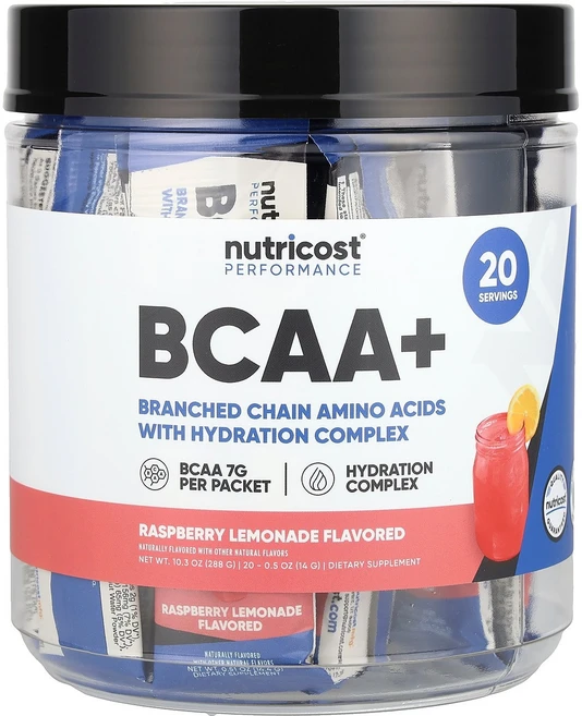 뉴트리코스트 Nutricost 운동 능력 BCAA+ 라즈베리 레모네이드 20팩 개당 14g0.5oz129176원산지:기타, 20 개, 14g - 쿠팡