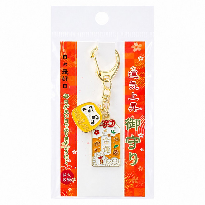 日本 運氣上升御守達摩招財貓造型鑰匙圈吊飾 開運 招財 祈福 平安 幸運小物(4款任選), 達摩-黃x淺橘色, 1個
