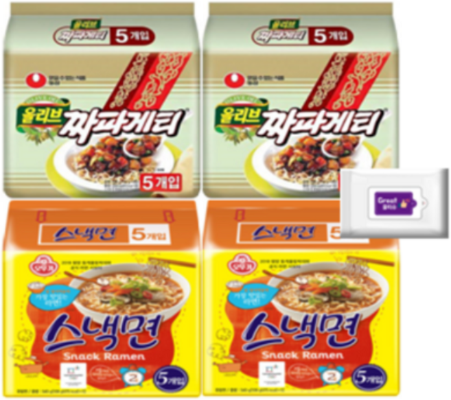 짜파게티10개+스낵면10개+그레잇물티슈(10매), 2세트