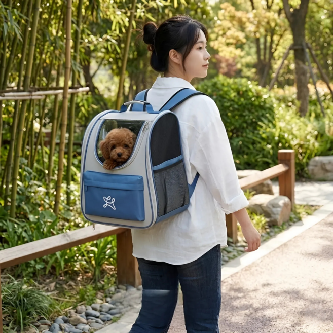 PEBBI 반려동물 고양이 강아지 메쉬 가방 백팩, 1개, 블루