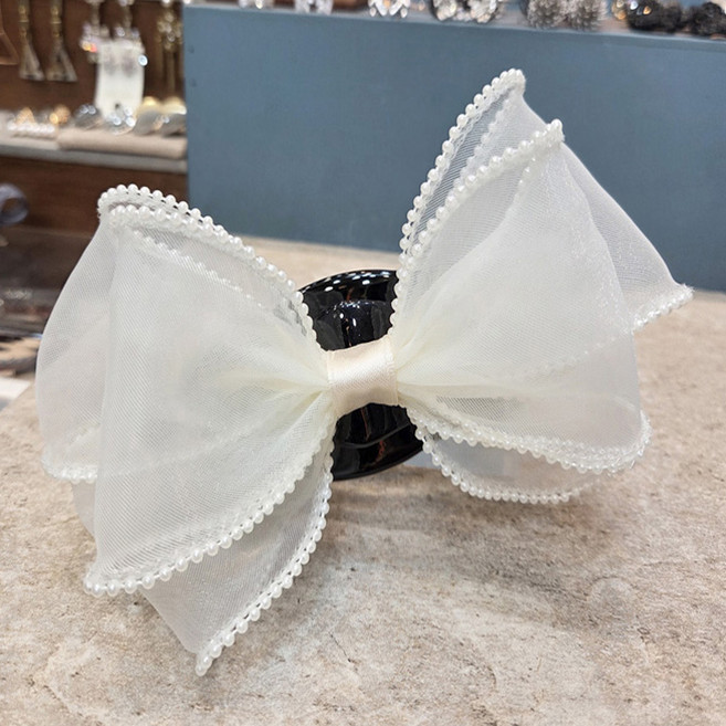 왕리본 옆으로 집게핀 테두리 진주 블랙 아이보리 화이트 숱 많은 헤어클립