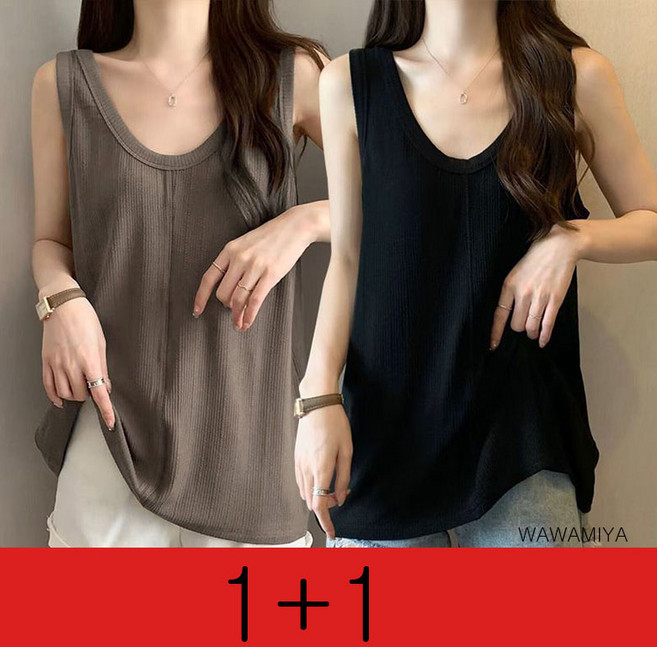 1+1 / 2P 빅사이즈 끈나시 캐주얼 티 티셔츠 아우터 이너 민소매 여름 린넨 기분티 와이드 데일리 여성티셔츠 WAWAMIYA