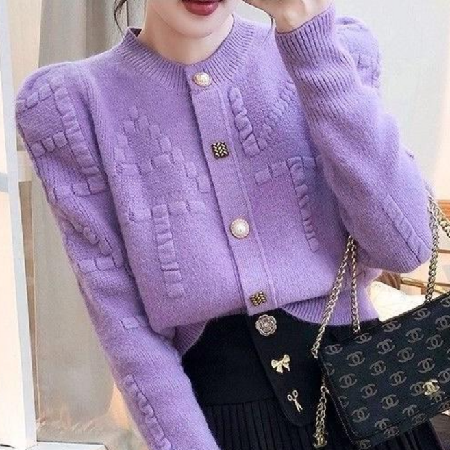 [엔젤디] 여성 플라토 퍼프소매 가디건 니트