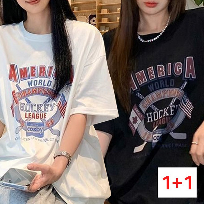 드마엘_1+1 아메리카 월드 박스핏 프린팅 반팔티(3color)