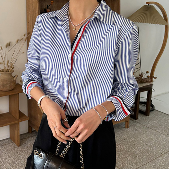 마이쏭 배색라인스트라이프셔츠 여성 스트라이프 셔츠 카라 셔츠 배색라인 세련된룩 봄 가을