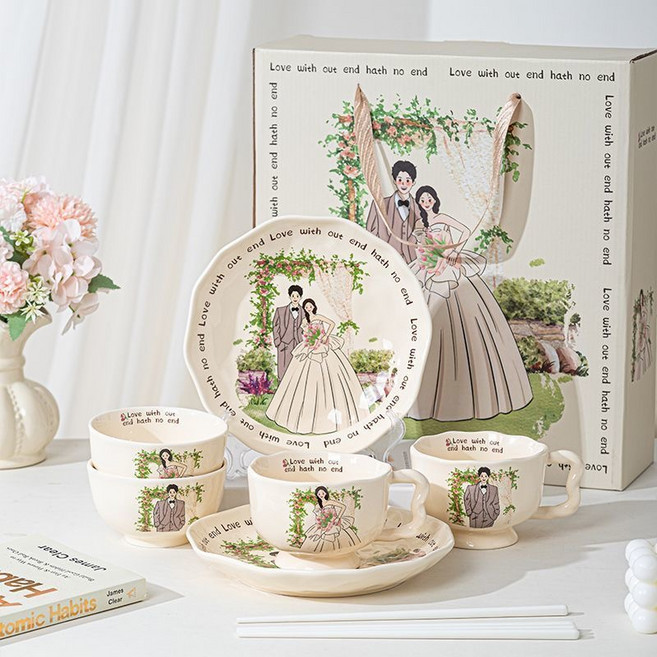 니치유 선물추천 신혼 커플 도자기 컵 밥그릇 접시 홈세트 8P, 1세트, 베이지