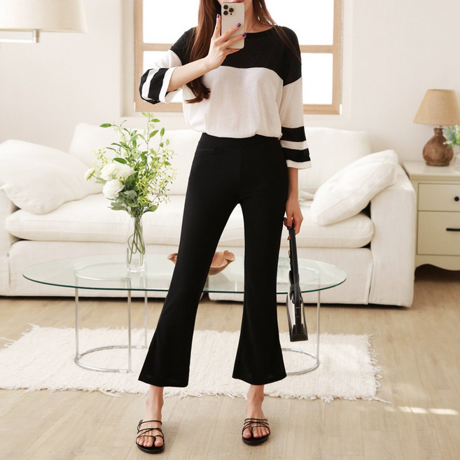 애니진 여성 여름 9부 모스크랩 옆트임 나팔 부츠컷 빅사이즈 밴딩팬츠 NNO0251