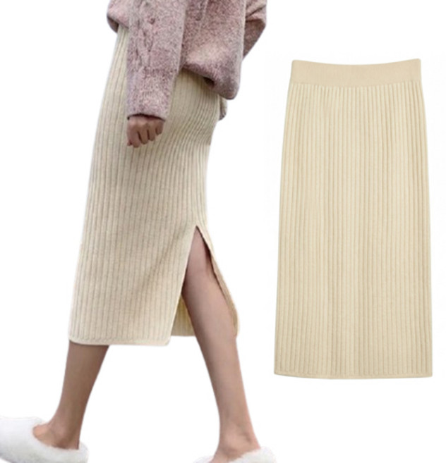 핑크셀럽 H라인 트임 골지 니트 롱 스커트