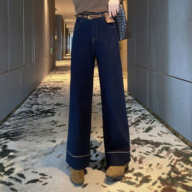 SAHINER 겨울 여성 기모 하이웨스트 와이드 일자핏 데님 팬츠 ANZ78