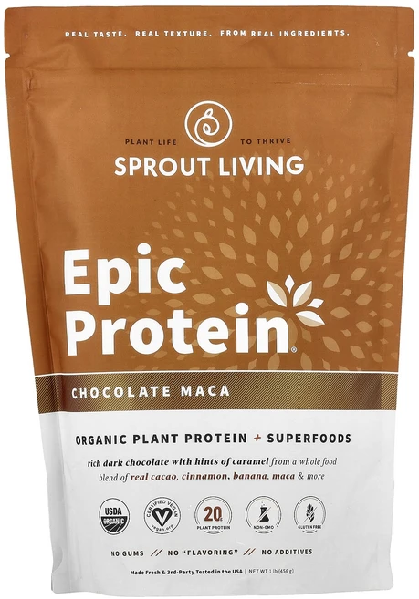 새해 건강을 선물하세요 Sprout Living Epic Protein 유기농 식물성 단백질 + 슈퍼 푸드 초콜릿 마카 455g(1lb) 특별관리진행, SproutLivingEpicProtein유기농식물성단, 455g, 1개 - 쿠팡